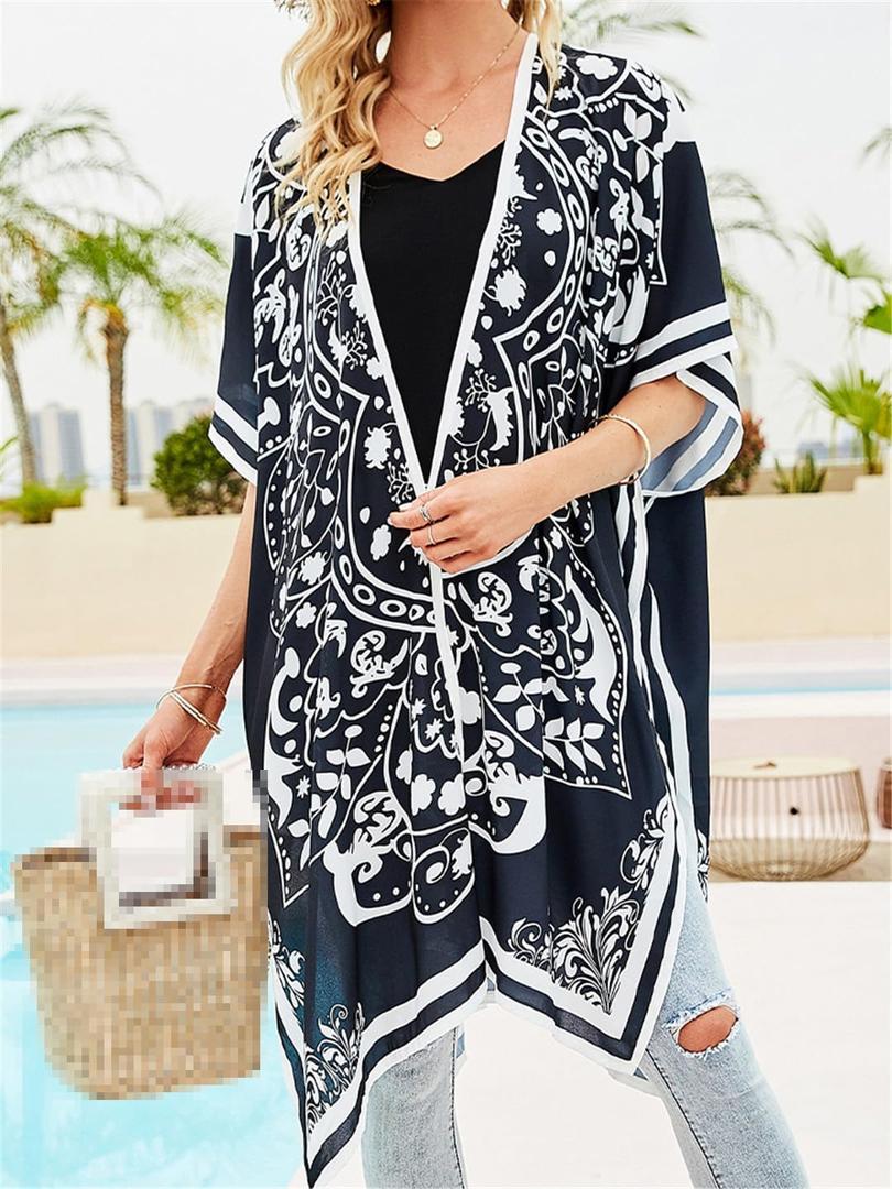 Bikini Cover-Ups Women Summer Print Chiffon Tassel Cover Up Cardigan Loose Boho Beach Pareo Swimsuit Kimono (One Size#CN, Zs2856-black)