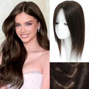 Hair Toppers for Women Real Human Hair, Realistic Biological Scalp Toppers HairPieces for Women with Thinning Hair Middle Part Clip in Bangs Big Base 360 3D Cover (Dark Brown, 16 Inch)
