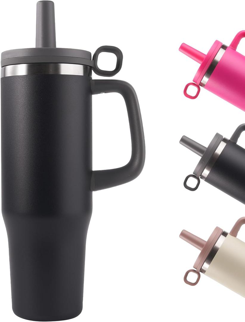 40oz Tumbler, Insulated Stainless Steel Water Bottle with Straw, Cover Cap, Leak Proof Travel Tumbler with Handle, BPA-Free, Cupholder Friendly, Gifts for Women & Men, Black