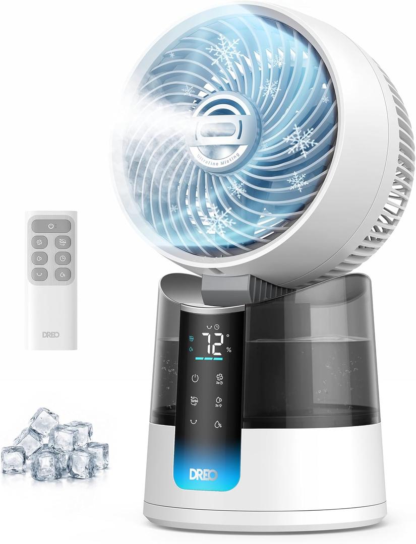 DREO TurboCool Misting Fan 516, 5 Drop Cooling Fans that Blow Cold Air, 150+30 Omni-directional Oscillating, Evaporative air cooler, 26 ft/s Wind, Ultrafine Mist, 20dB 6 Speeds 2 Modes, White, 15.7 Inches