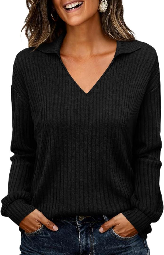 KIRUNDO Long Sleeve Shirts for Women 2025 Fall Fashion Outfits Going Out Tops Collar V Neck Blouses Ribbed Knit Loose Tunic (Medium, Black)