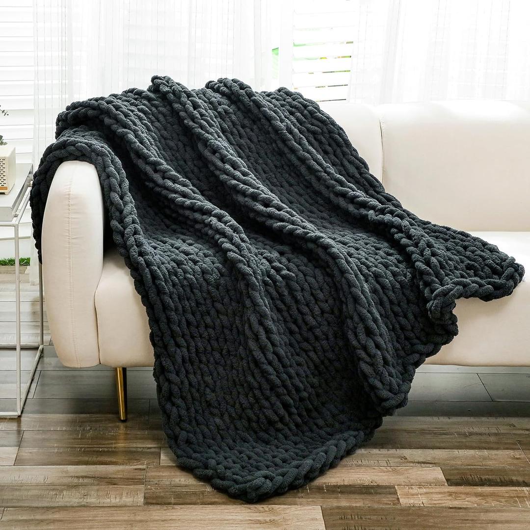 YAAPSU Chunky Knit Throw Blanket for Couch, 51"x63", 100% Hand Knitted Thick Cable Knit with Cozy Jumbo Chenille Yarn, Soft Large Rope Knot Crochet Blankets for Sofa Bed Living Room Dcor, Black Grey