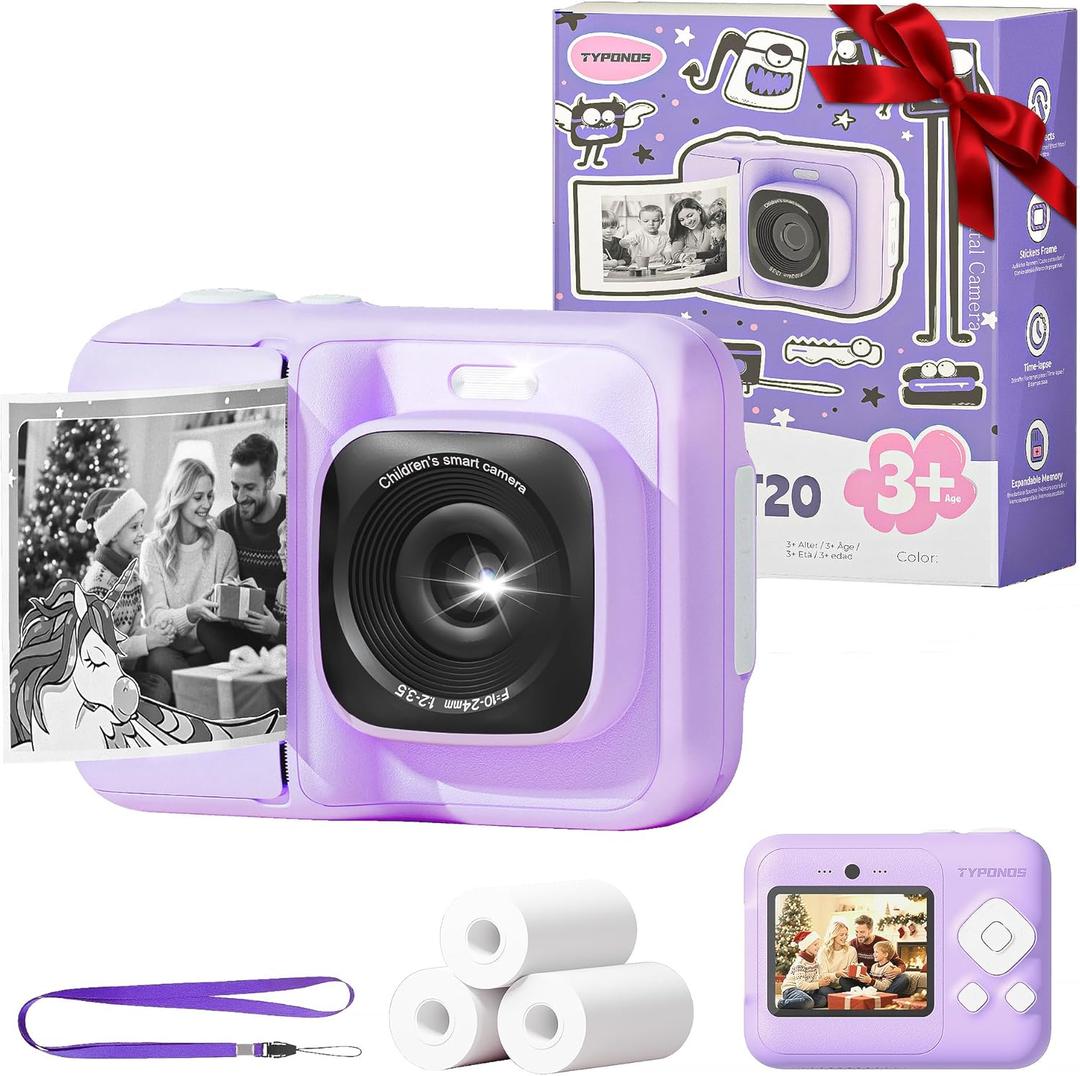 Instant Print Camera for Kids, Christmas Birthday Gifts for Girls Boys Age 3-12, TYPONOS Kids Cameras, Portable Toy Camera for 3 4 5 6 7 8 9 10 Year Old Girl with 32GB SD Card, Purple, 1 Count