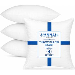 Hannah Linen Throw Pillow Inserts 12x12  4 Pack Square Decorative Pillow Insert for Couch, Sofa & Bed, Soft Fluffy Polyester Filled Cushion Stuffers, Indoor Home Decor Pillows