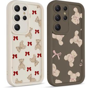 2 Pack Cute Coquette Bow Phone Case for Samsung Galaxy S24 Ultra 5G 6.8", Aesthetic Bear Pink Ribbon Bowknot Pattern Print Design Women Girls Case Soft Shockproof TPU Protective Funda Cover
