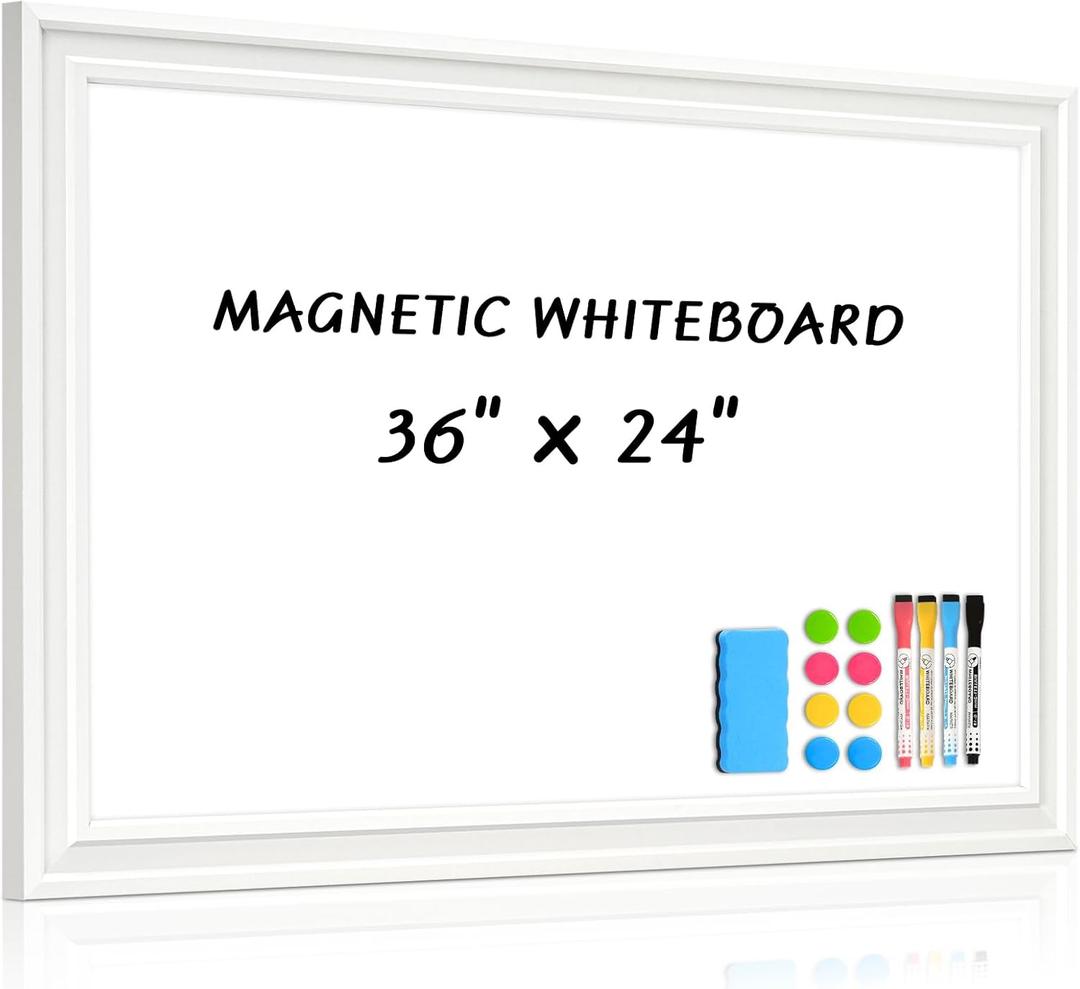 White Board for Wall, 36'' x 24'' Magnetic Dry Erase Board, Decorative Whiteboard with Plain White Wooden Frame, Hanging Writing Board for Home Office School Dorm