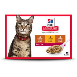 Hill's Science Diet Adult 1-6 Wet Cat Food Variety Pack, Savory Entre Turkey & Liver, Chicken, and Turkey, 5.5 oz. Cans, 12-Pack