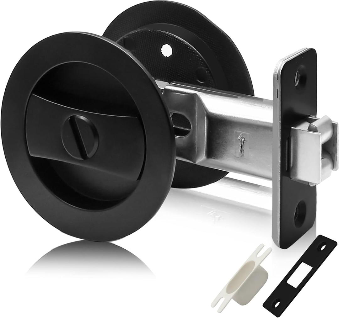 Pocket Door Lock, Matte Black Pocket Door Hardware Round Door Lock, Privacy Sliding Bifold Door Locks for Bathroom Bedroom
