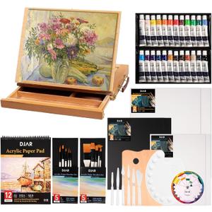 DJAR 49 pcs Acrylic Paint Set with Tabletop Easel Box, 24 Acrylic Paint Colors, Sketchbook, Painting Pads, and Complete Acrylic Art Supplies Kit for Adults, Teens, and Beginners