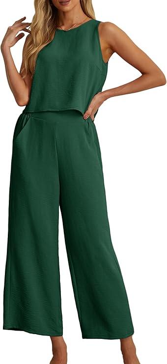 Iwollence Women Lounge Sets 2 Piece Outfits Summer Sleeveless Crop Tops Capri Wide Leg Pants Vacation Beach Travel Sets M