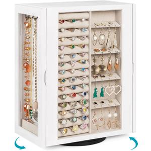 Emfogo 360 Rotating Jewelry Box for Women, Vintage Wooden Large Jewelry Organizer with 5 Drawers, Glass Doors, Vertical Open Design Jewelry Organizers and Storage for Earring Ring Necklace Bracelet (Weathered White)