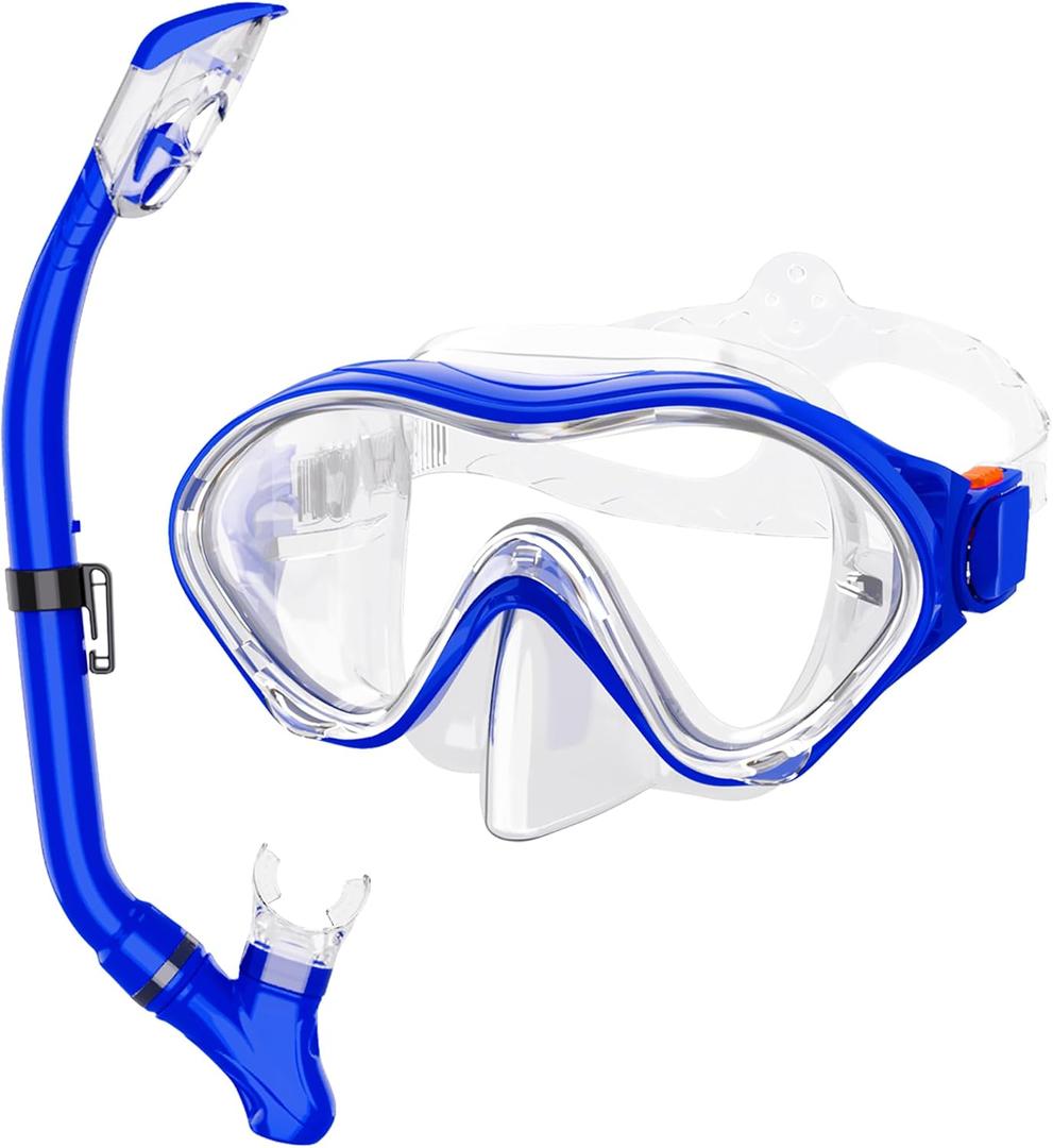 Snorkeling Gear for Kids with Foldable Silicone Full Dry Snorkel, Kids Snorkel Set Anti Leak Youth Junior Snorkeling Package Diving Mask Soft Tube with Mesh Bag Scuba Swimming Goggles (Dark Blue)