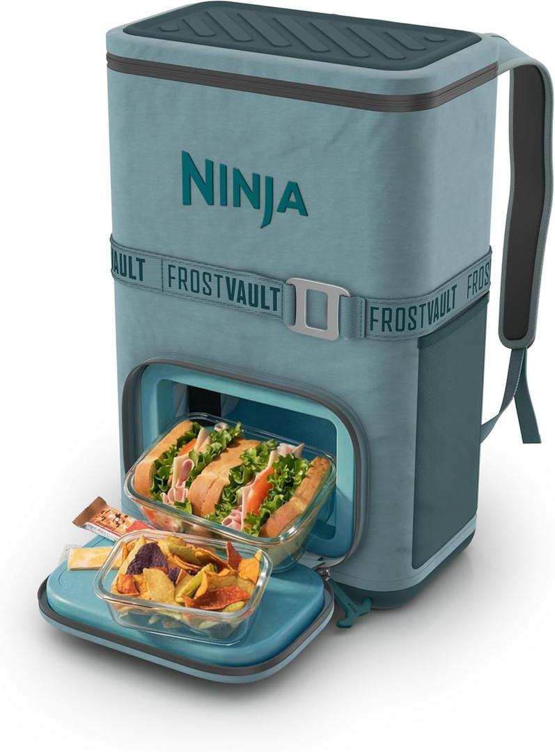 Ninja Backpack Cooler | FrostVault Go 24 Can Soft Cooler | Leakproof Zipper with Built in Can Opener, 2 Ice Packs & Dry Storage Drawer | for Hiking, Camping & More | Halocline Green | FF124TL