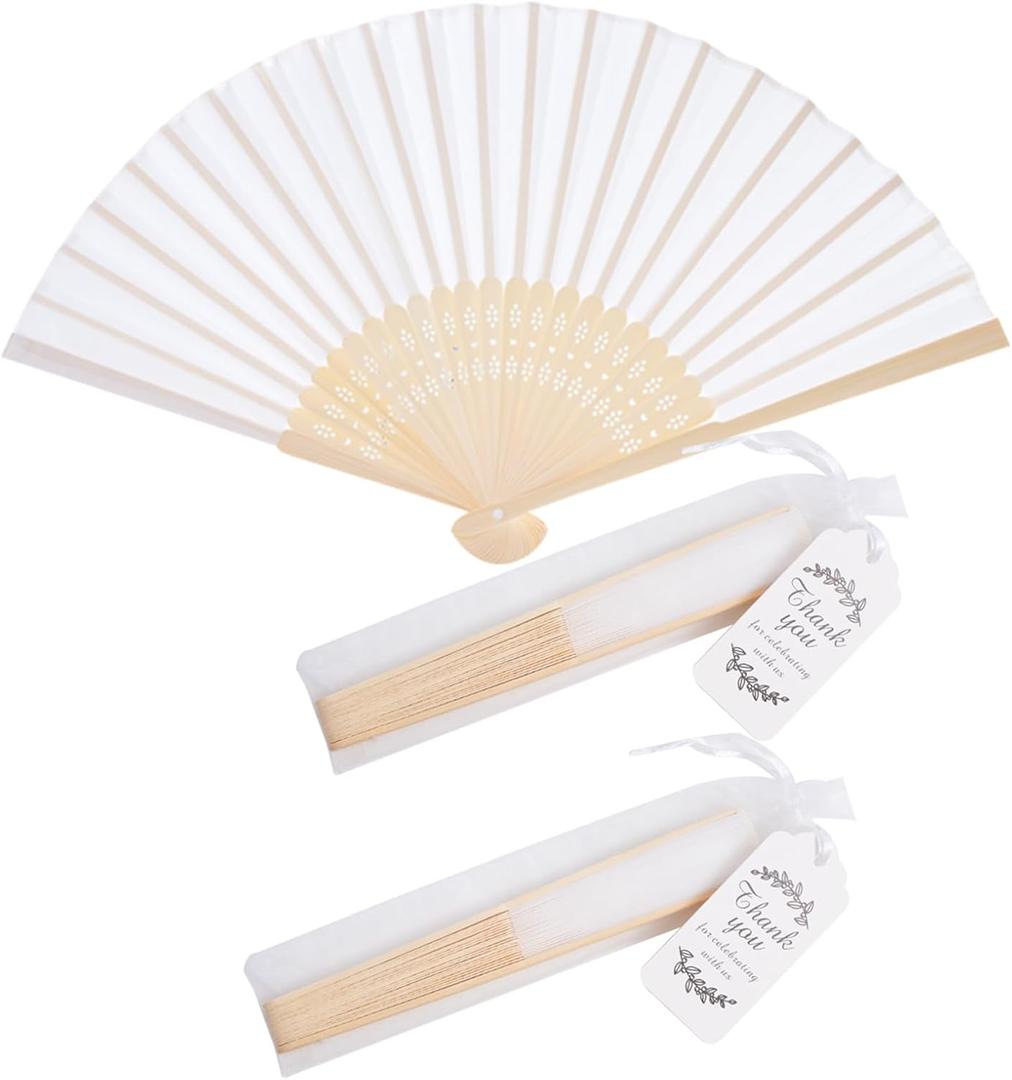 50pcs Fabric Hand Fan Fabric Bamboo Handheld Folded Fan with Organza Bags and Thank you Tags Wedding Party Favors (White)