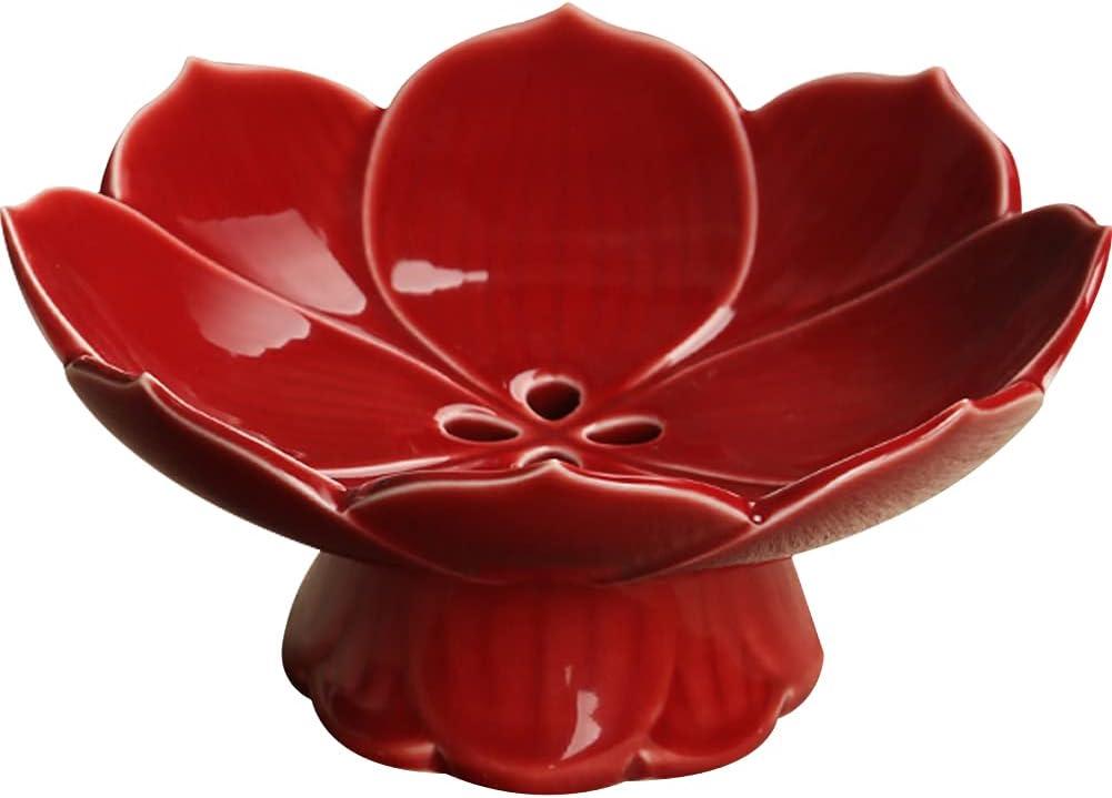 Kelendle Pedestal Fruit Bowl Centerpiece Decorative Compote Footed Bowl Ceramics Dessert Serving Bowl Tray Display Stand Lotus Drain Plate for Kitchen Counters for Fruits Breads Snacks (Red)