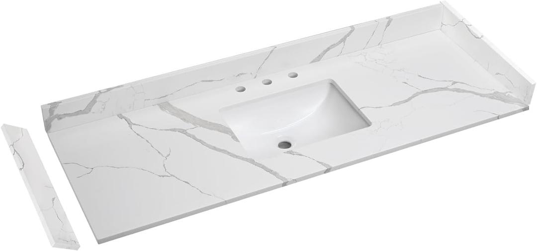 60 in.W x 22 in.D Quartz Calacatta River Vanity Top,with Undermount Middle Sink Vanity Top,with Two Sidesplash & One Backsplash,8 Inch Faucet Hole Spread Bathroom Vanity Sink Countertop