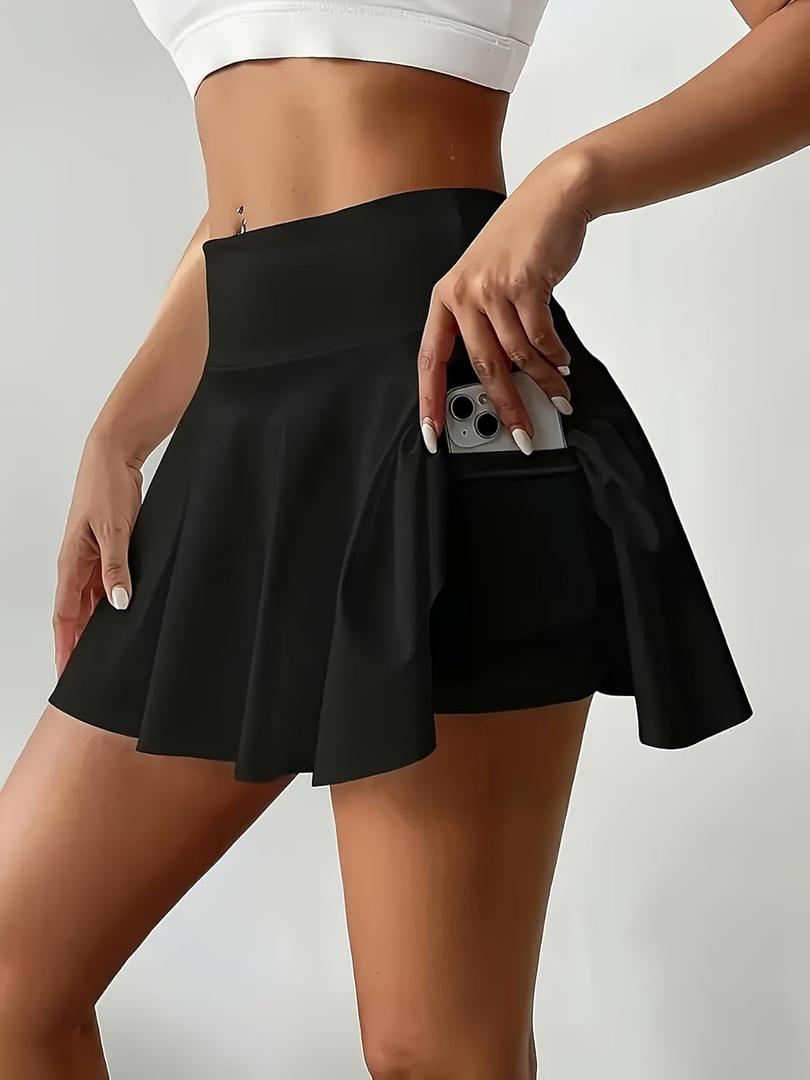 Women's High-Waisted Tummy Control Skort - Flowy Ruffled Skirt with Built-in Shorts (Black) S
