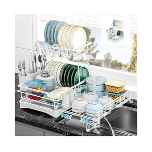 7 code Large Dish Drying Rack, 2Tier Dish Racks for Kitchen Counter, Detachable Large Capacity Dish Drainer Organizer with Utensil Holder, Dish Drying Rack with Drain Board, White