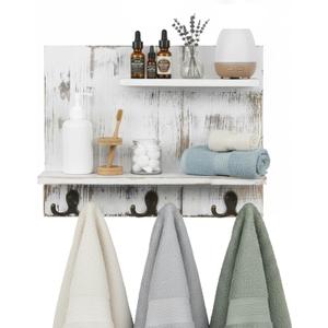 MyGift 2 Tier Wall Mounted Shabby White Washed Solid Wood Bathroom Storage Shelves, Decorative Entryway Floating Shelf Rack with 6 Hooks for Hanging Towels