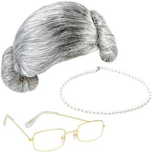 Cooraby 3 Pieces 100 Days of School Grey Old Lady Wig Grandma Wig Granny Glasses Artificial Pearl Necklace Halloween Fancy Cooraby 3 Pieces 100 Days of School Grey Old Lady Wig Grandma Wig Granny Glasses Artificial Pearl Necklace Halloween Fancy