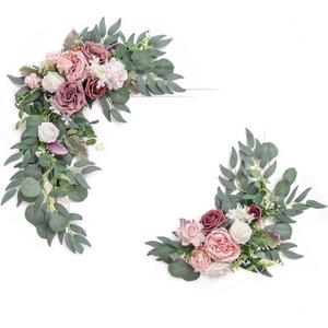 Ling's Moment 2pcs Artificial Welcome Sign Swag Wedding Arch Flowers Decorations Floral Eucalyptus Willow Garland Dusty Rose & Cream Rose Ceremony Party Reception Easel Door Wall Home Entryway Outdoor