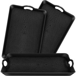 3 Pack Black Serving Tray with Handles 20.5"x13.4" Large Plastic Rectangular Ottoman Multi Purpose Kitchen Food Tray for Coffee Table, Restaurant, Parties