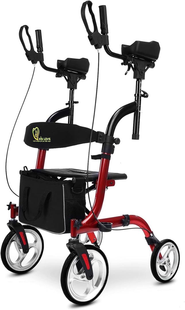 WINLOVE Upright Rollator Walkers for Seniors Stand Up Aluminium Tall Walker Light Weight for Rolling Mobility Walking Aids Light Red