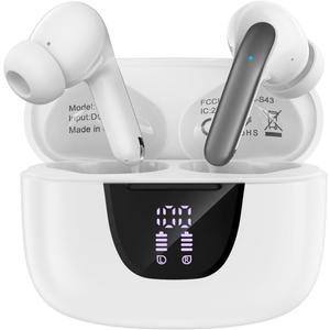 Wireless Earbuds for Samsung Galaxy S26 S25 Ultra, Bluetooth 5.3 Headphones Bass Stereo Noise Canceling Ear Buds with Mic LED Display, IPX7 Waterproof in Ear Earphones for Phone Laptop Sports Workout (White)