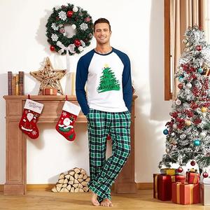 IFFEI Matching Family Pajamas Sets Christmas PJ's Letter Print Top and Plaid Bottom Sleepwear Jammies with Pockets (XX-Large, Men, Green Tree)