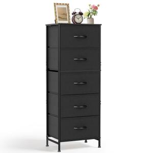Nightstand, 5 Drawer Dresser End Table Bedside Furniture with Wooden Top Steel Frame Fabric Bins for Bedroom, Closet, Entryway, Dorm, Living Room, Black