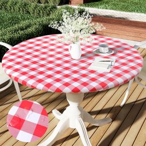 Smiry Round Picnic Tablecloth, Elastic Waterproof Fitted Vinyl Tablecloths for 57"-68" Tables, Flannel Backed Buffalo Plaid Table Cover for Dining, Camping, Outdoor, White and Red