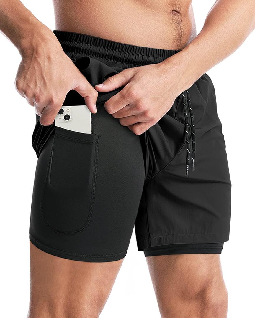 Aolesy Men's 2 in 1 Running Shorts 5" Workout Gym Athletic Shorts for Men Quick Dry Lightweight Training Shorts with Pockets (Black, XL)