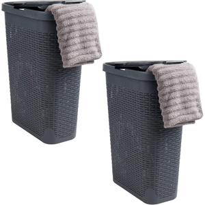 Mind Reader 40L Slim Laundry Hamper, Clothes Basket, Lid, Wicker Design, Plastic, 18"L x 10.4"W x 23.5"H, Set of 2, Gray