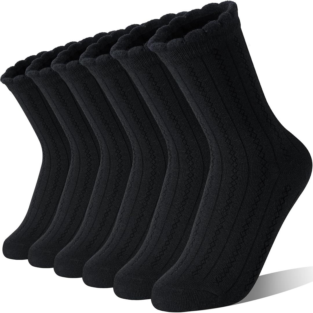EBMORE Girls Kids Ruffle Socks Uniform School Dress Crew Cotton Textured Breathable Socks 6 Pairs (Black)