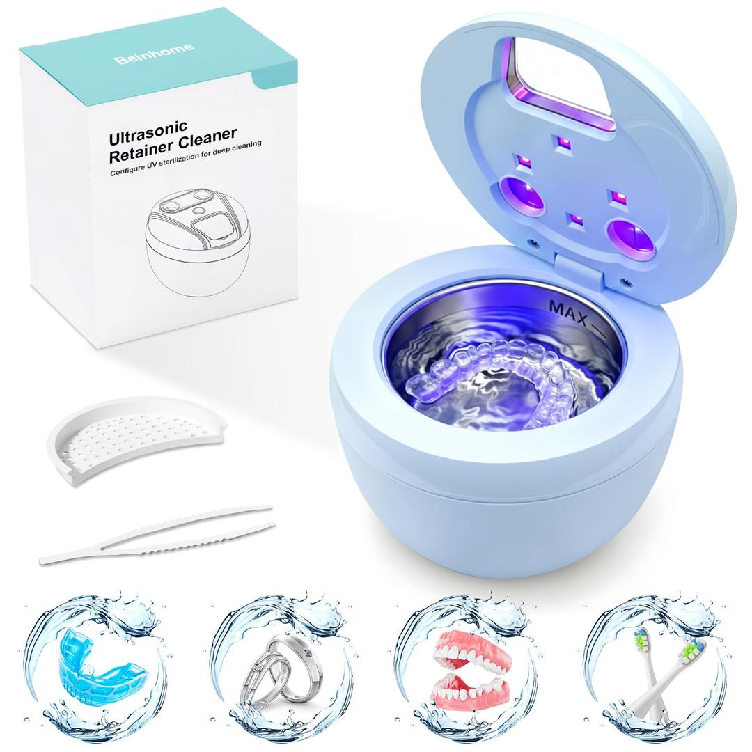 Dental Ultrasonic Retainer Cleaner Machine - Dental Cleaning Pod for Denture, Mouth Guard, Aligner, Night Guard, Braces, Toothbrush Heads, Jewelry, 45kHz Sonic Cleaner with Digital Timer & 200ML