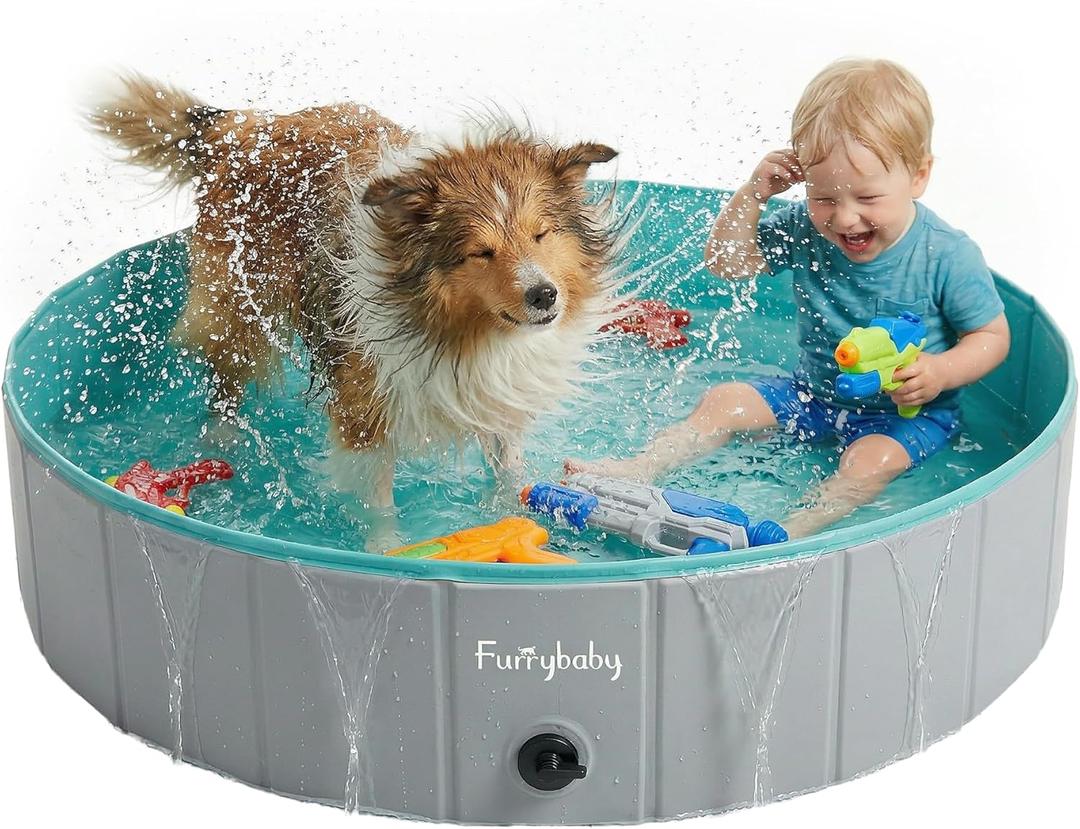 Furrybaby Dog Pool, Kiddie Pool with Hard Plate Collapsible Pet Bath Foldable Swimming Pet Pool Portable Grey 40'', Grey,blue
