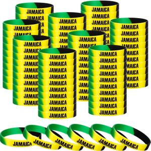 Leitee 100 Pcs Jamaican Silicone Bracelet Bulk Black Yellow Green Jamaican Country Flag Rubber Wristband for Men Women Birthday Party
