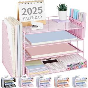 OPNICE Desk Organizer, 4-Tier Desktop File Organizer with Drawer and 2 Pen Holders, Office Desk Accessories, File Sorters, Workspace Organizers for Office Supplies(Pink)