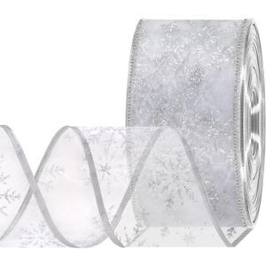 Silver Wired Christmas Ribbon - Snowflake Sheer Glitter Ribbon for Christmas Tree, Gift Wrapping, Decorations - 2.5 inch x 50 Yards