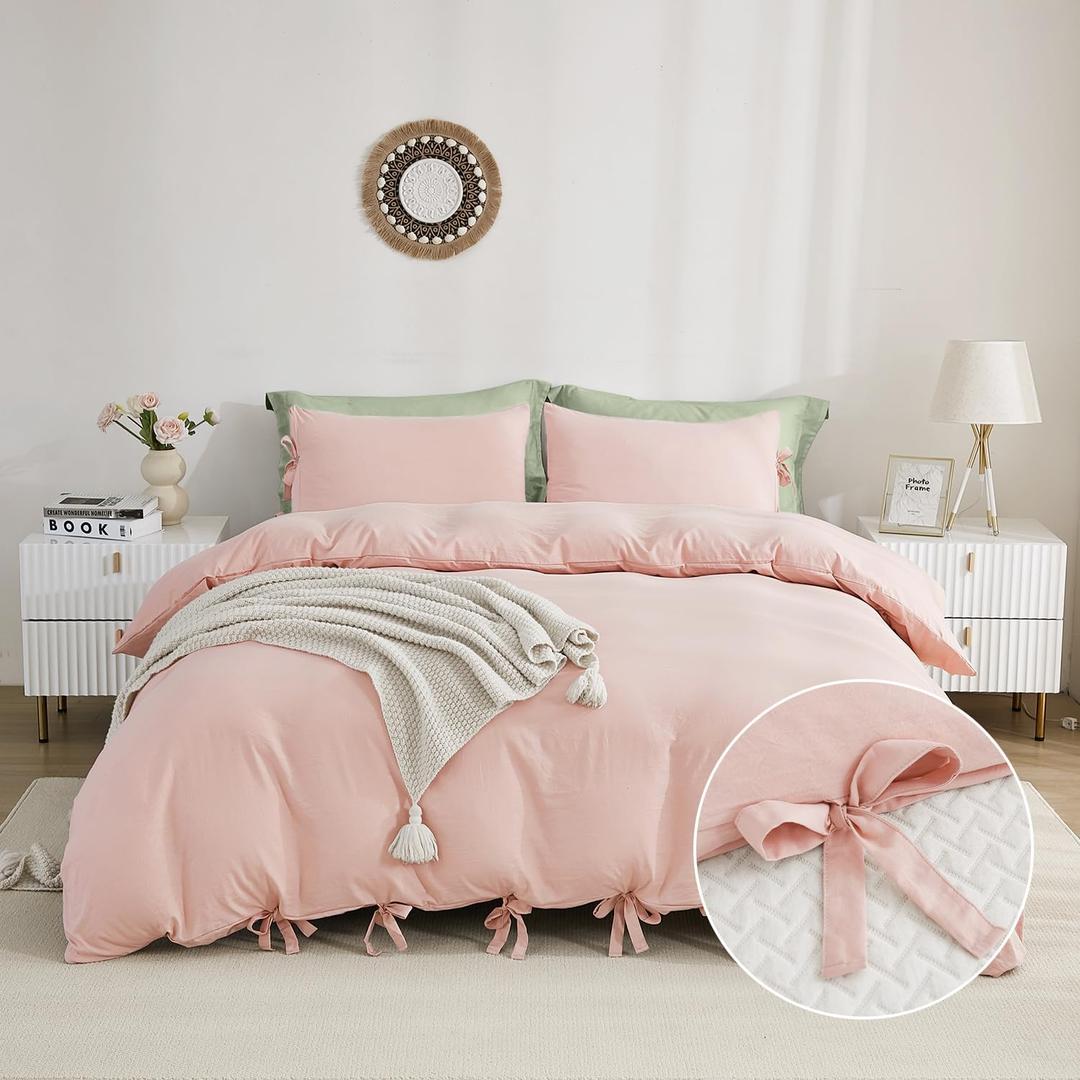 annadaif Pink Duvet Cover Full (79x90 Inch), 3 Pieces (2 Pillowcases, 1 Duvet Cover) Ultra Soft Bowknot Duvet Cover Set, Easy Care Bedding Set for Men, Women (NO Comforter)