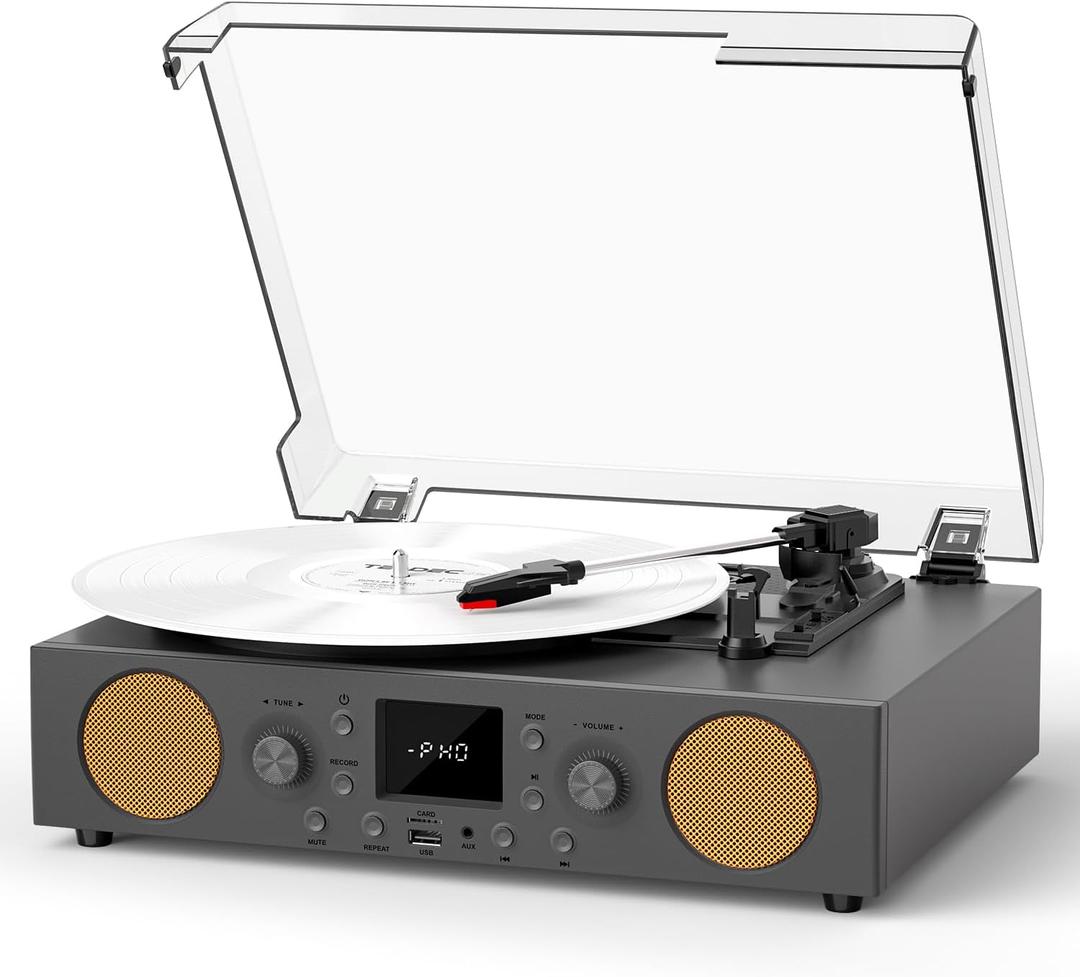 3-Speed Belt-Driven Record Player with Built-in Speakers, Bluetooth Turntable with FM Radio, USB Recording, RCA Line Out, AUX in & Auto Stop  Grey