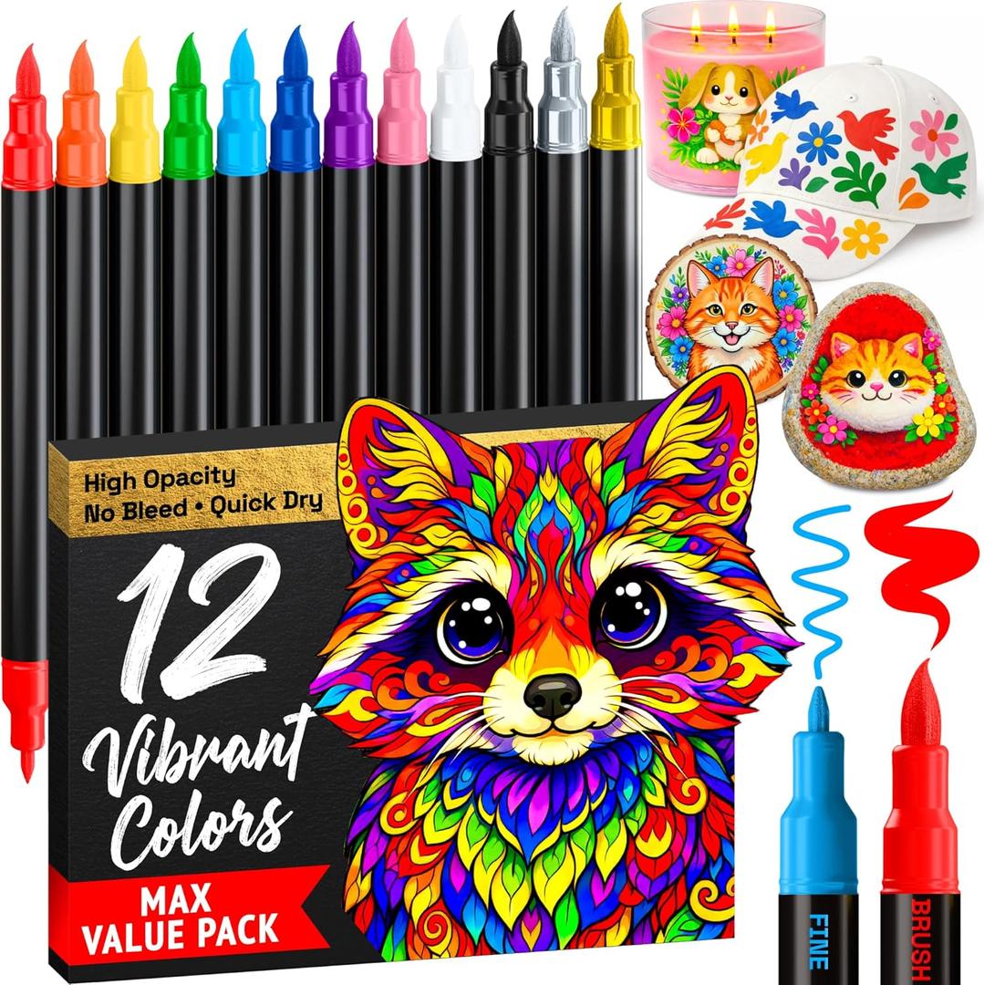 ARTISTRO 12 Acrylic Paint Markers - Paint Pens for Drawing, Brush + Fine Tips - For Fabric, Rock, Glass, Wood, DIY - Art & Craft Supplies for Adults, Teens, Kids - Teacher Appreciation Gift