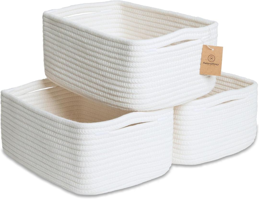 NaturalCozy 11.8"x8"x4.5 Storage Baskets for Shelves 3 Pack | Cotton Rope Woven Small Baskets for Organizing | Small Storage Bins for Nursery, Bathroom, Closet, Cube Shelf, Decorative, Gift Basket (Off White)