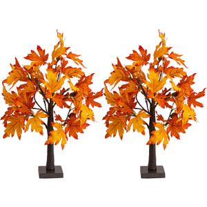 Dazzle Bright 2 Pack 24 Inch Lighted Thanksgiving Fall Maple Tree Decor, 24 LED Battery Operated Decorations Artificial Tree with Timer for Indoor Home Room Holiday Xmas Party