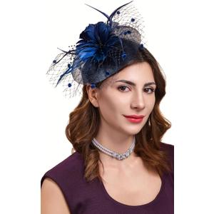 Cizoe Fascinators Hats for Womens 50s Headwear with Veil Flower Cocktail Wedding Tea Party Church Derby Hat (Blue)
