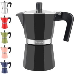 Mongdio Stovetop Espresso Maker Moka Pot, Stove Top Cuban Coffee Maker, Italian Greca Mocha Pot, 6 Espresso Cups, 10 oz - Black