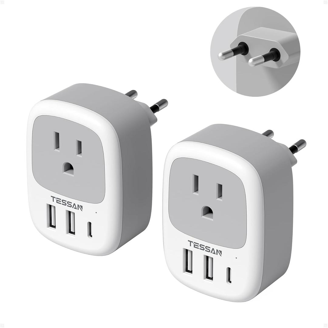 2 Pack European Travel Plug Adapter, TESSAN US to Europe Plug Adapter with 3 USB Ports (1 USB C), Type C Power Outlet for EU International Italy Iceland Spain France Germany