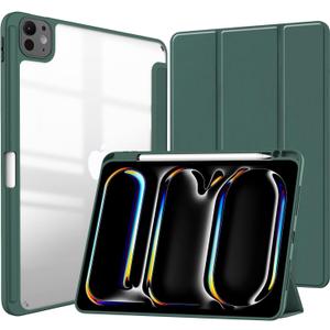 T Tersely Case Cover for iPad Pro 11-inch (M4 2024) with Pencil Holder, Slim Tablet Cover with Transparent Shockproof Hard Back, Protective Smart Sleep/Wakeup - Green