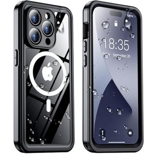 Temdan Magnetic for iPhone 14 Pro Case Waterproof, Built-in Screen Protector[IP68 Underwater][Compatible with MagSafe][Full Body Shockproof][Military Dropproof] Case for iPhone 14 Pro-Black/Clear