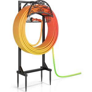 Garden Hose Holder Freestanding Water Hose Stand with Storage Basket, Sturdy Metal Hanger Heavy-Duty Garden Storage Rack for Outside, Supports 151FT